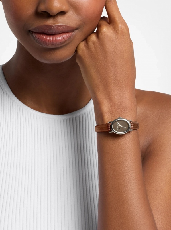 Michael Kors Petite Maude Silver-Tone and Lizard Embossed Leather Watch