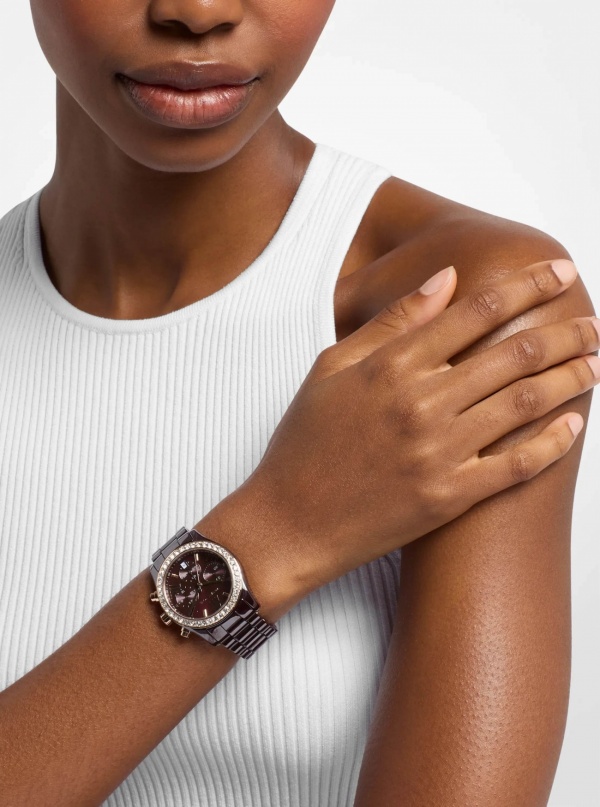 Michael Kors Lexington Pavé Brown-Tone Ceramic Watch