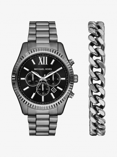Michael Kors Oversized Lexington Gunmetal Watch and Bracelet Gift Set