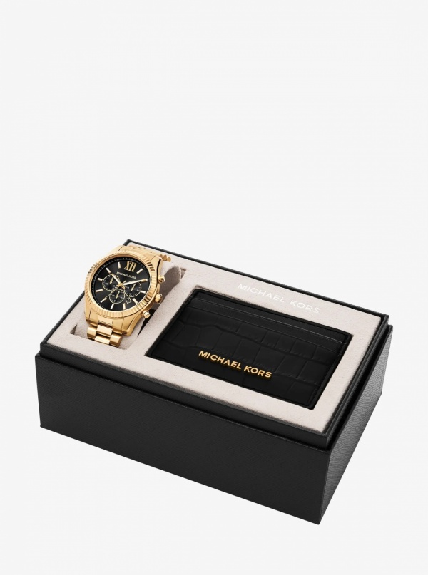 Michael Kors Oversized Lexington Gold-Tone Watch and Crocodile Embossed Leather Card Case Gift Set
