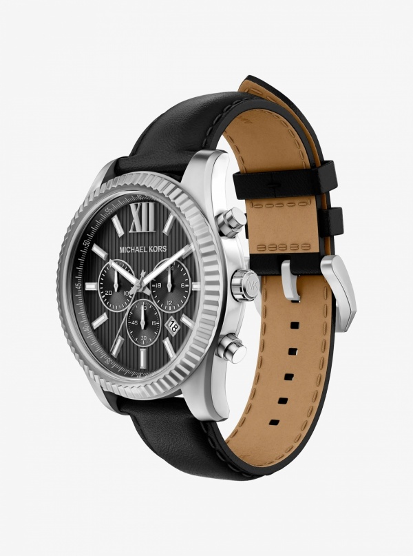 Michael Kors Oversized Lexington Silver-Tone and Leather Watch