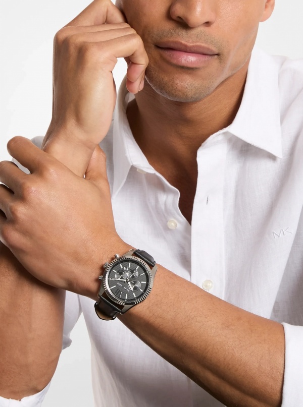 Michael Kors Oversized Lexington Silver-Tone and Leather Watch