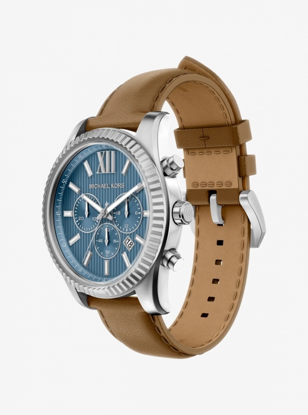 Michael Kors Oversized Lexington Silver-Tone and Leather Watch