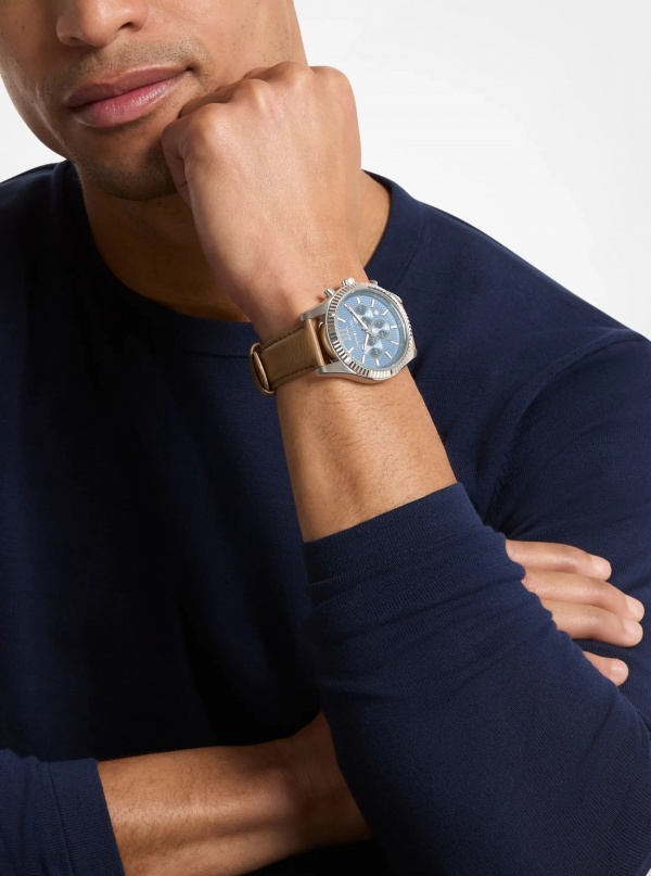 Michael Kors Oversized Lexington Silver-Tone and Leather Watch