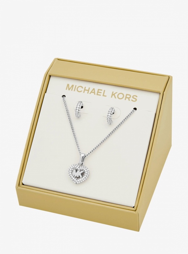 Pavé Heart and Logo Necklace and Hoop Earrings Jewelry Gift Set