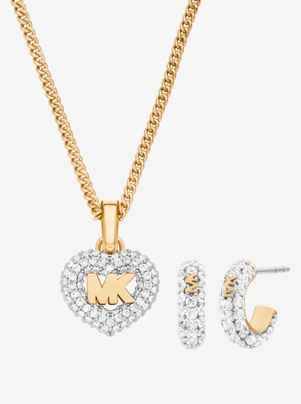Pavé Heart and Logo Necklace and Hoop Earrings Jewelry Gift Set