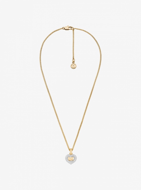 Pavé Heart and Logo Necklace and Hoop Earrings Jewelry Gift Set