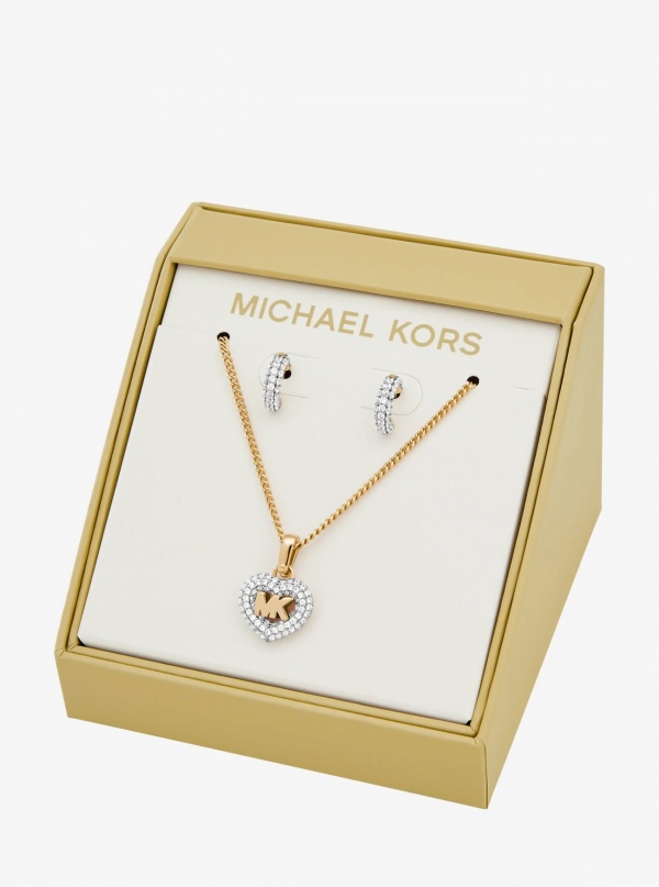 Pavé Heart and Logo Necklace and Hoop Earrings Jewelry Gift Set