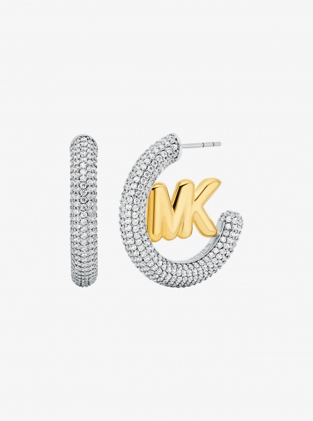 Michael Kors Large Pavé Logo Charm Two-Tone Hoop Earrings