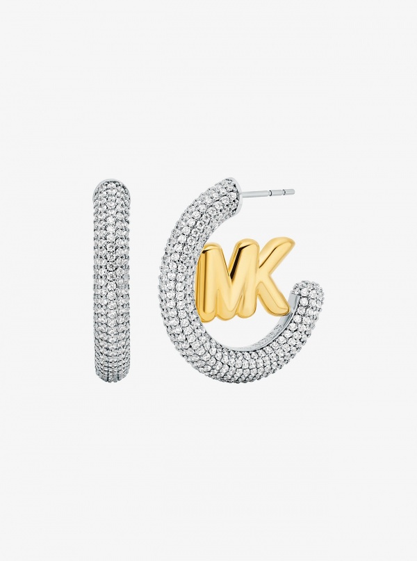 Michael Kors Large Pavé Logo Charm Two-Tone Hoop Earrings