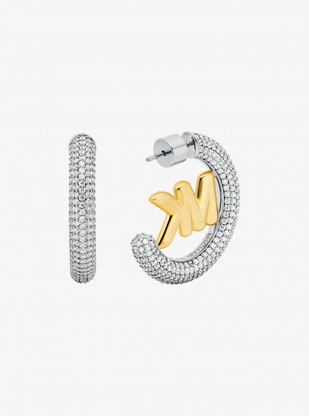 Michael Kors Large Pavé Logo Charm Two-Tone Hoop Earrings