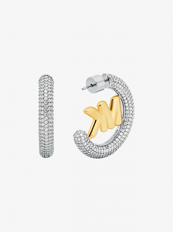 Michael Kors Large Pavé Logo Charm Two-Tone Hoop Earrings