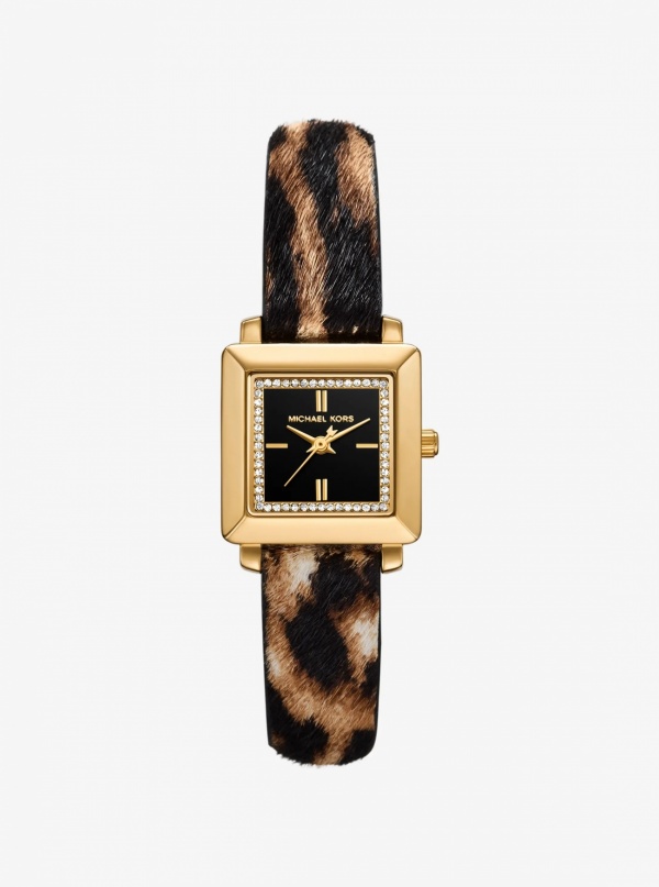 Petite Gwynn Pavé Gold-Tone and Leopard Print Calf Hair Strap Watch