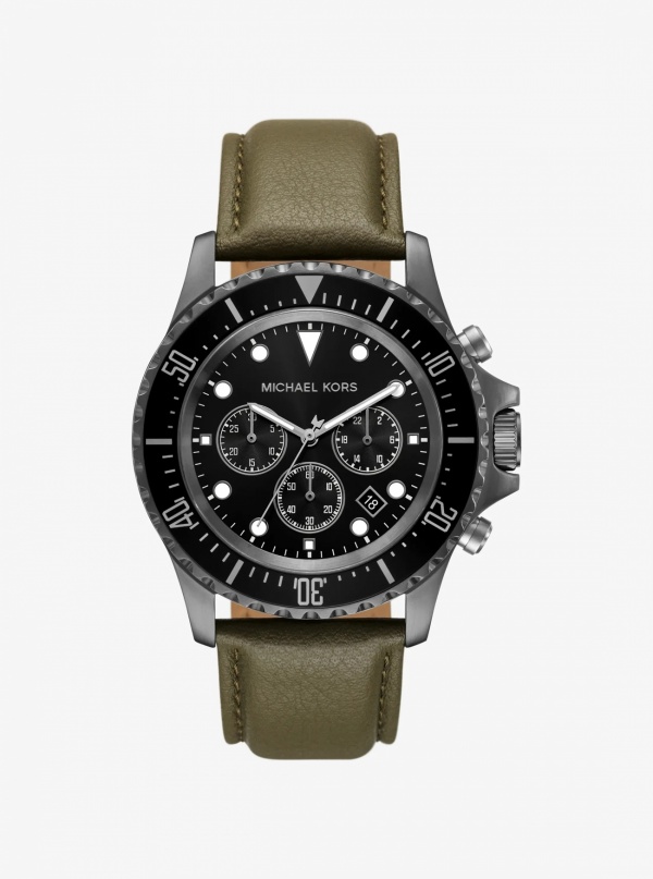 Michael Kors Mens Oversized Everest Gunmetal-Tone and Leather Watch