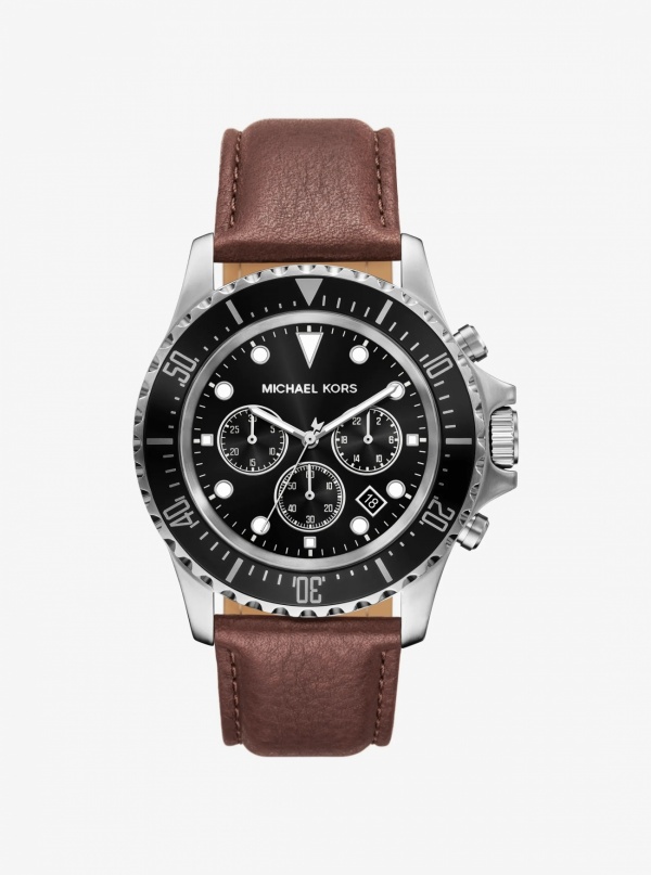 Michael Kors Mens Oversized Everest Silver-Tone and Leather Watch