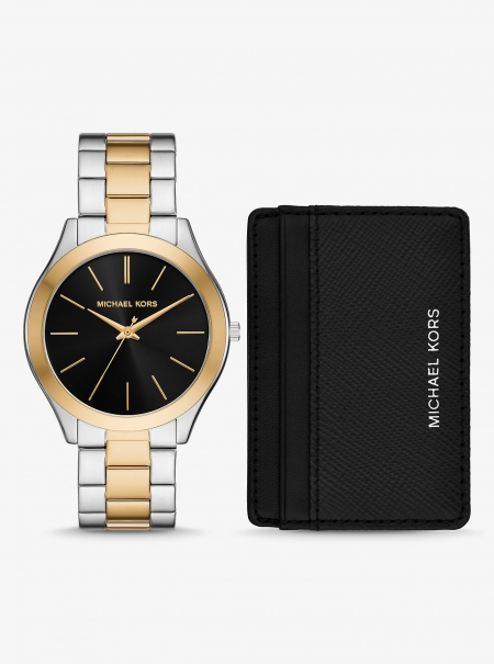 Michael Kors Oversized Aspyn Two-Tone Watch and Leather Card Case Gift Set
