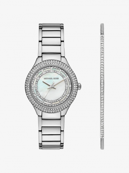 Michael Kors Mini Sylvia Pavé Silver-Tone Watch and Bracelet Gift Set