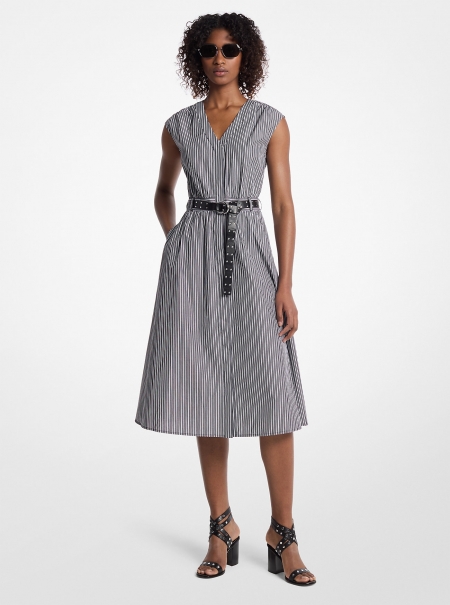MICHAEL Michael Kors Striped Cotton Poplin Belted Midi Dress