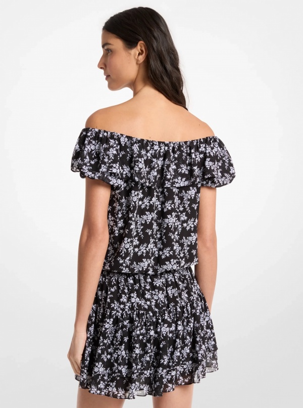 Michael Kors Floral Print Georgette Off-The-Shoulder Dress