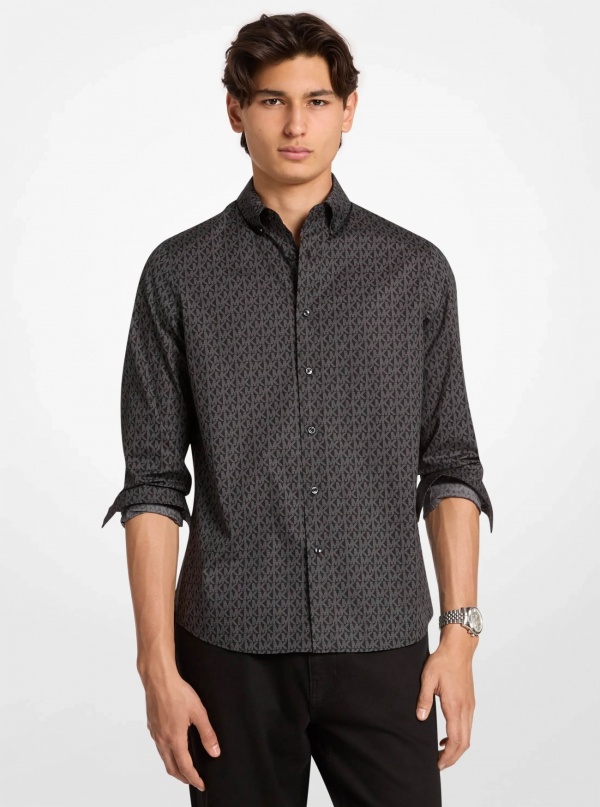 Michael Kors Mens Signature Logo Print Stretch Cotton Shirt