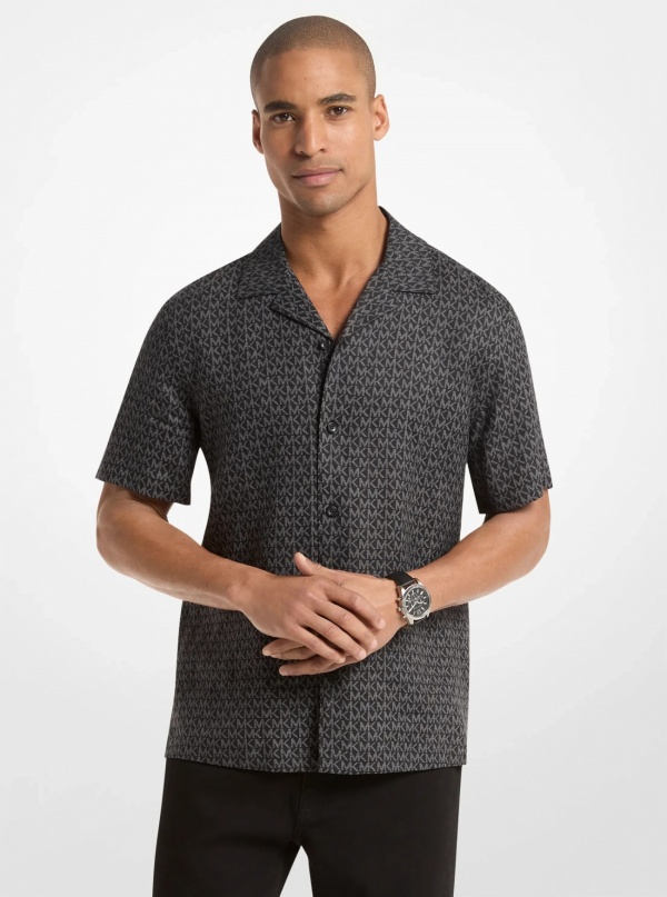 Michael Kors Mens Signature Logo Linen Camp Shirt