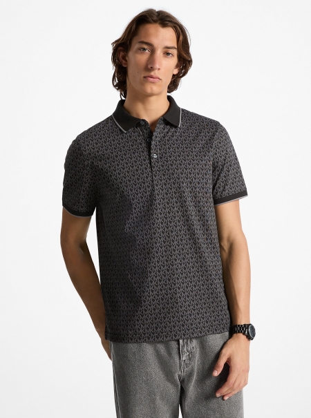 Michael Kors Mens Greenwich Signature Logo Print Cotton Polo Shirt