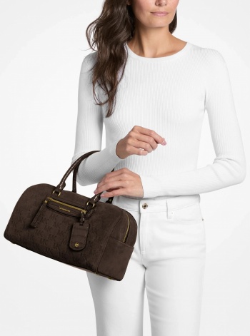 Michael Kors Jet Set Travel Medium Logo Embossed Suede Duffel Crossbody Bag