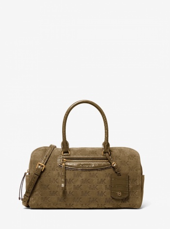 Michael Kors Jet Set Travel Medium Logo Embossed Suede Duffel Crossbody Bag
