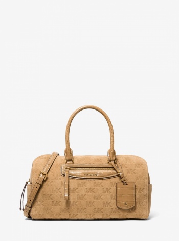 Michael Kors Jet Set Travel Medium Logo Embossed Suede Duffel Crossbody Bag