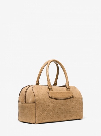 Michael Kors Jet Set Travel Medium Logo Embossed Suede Duffel Crossbody Bag