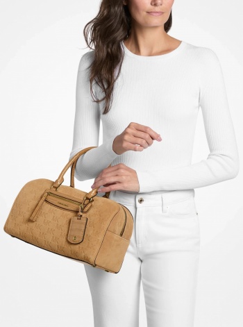 Michael Kors Jet Set Travel Medium Logo Embossed Suede Duffel Crossbody Bag
