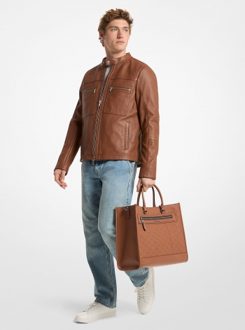Michael Kors Mens Jet Set Logo Embossed Leather Tote Bag