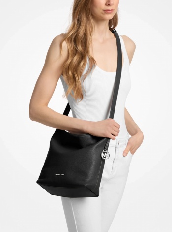 Roey Medium Pebbled Leather Bucket Messenger Bag