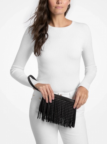 Jet Set Travel Small Studded Fringed Polyester Microsuede Wristlet