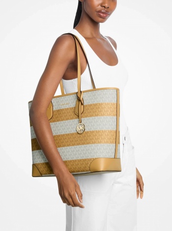 Eva Large Striped Signature Logo Tote Bag