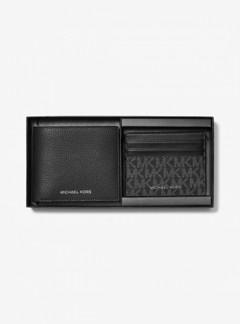 Michael Kors Mens Pebbled Leather Billfold Wallet and Signature Logo Card Case Gift Set