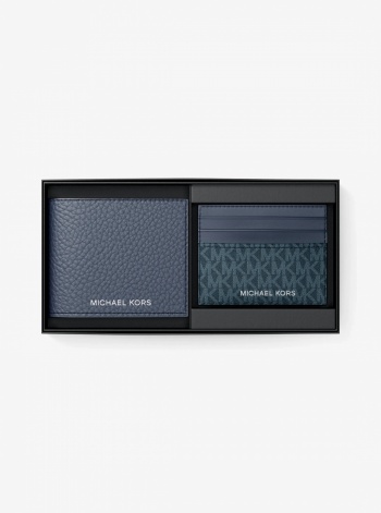 Michael Kors Mens Pebbled Leather Billfold Wallet and Signature Logo Card Case Gift Set