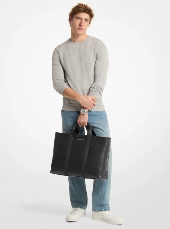 Michael Kors Mens Cooper Medium Pebbled Leather and Signature Logo Tote Bag