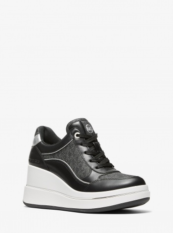 Michael Kors Emmy Signature Logo and Leather Wedge Trainer