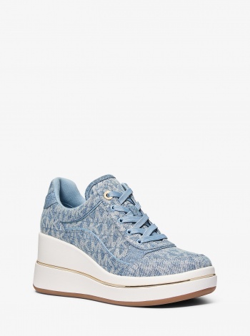 Michael Kors Emmy Signature Logo Print Denim Wedge Trainer