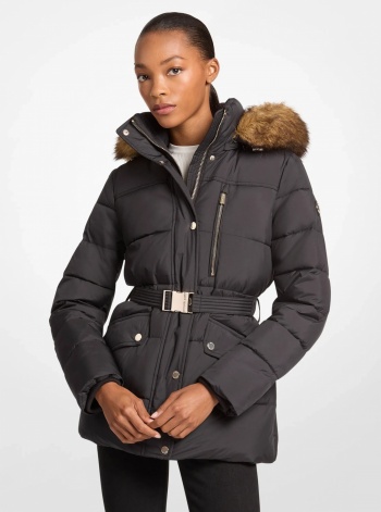 Faux Fur Trim Belted Puffer Jacket