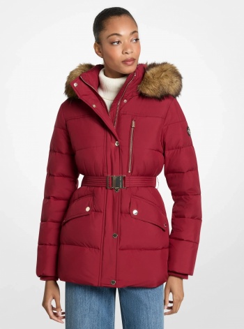 Faux Fur Trim Belted Puffer Jacket