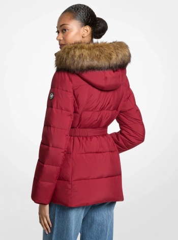 Faux Fur Trim Belted Puffer Jacket