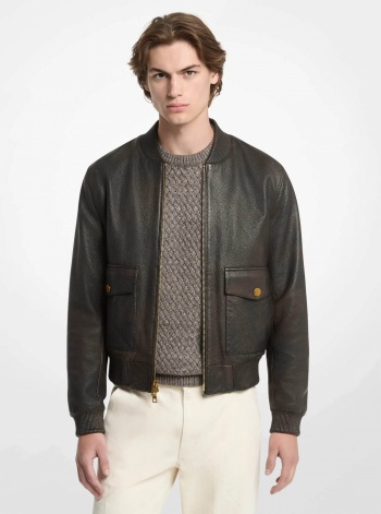 Michael Kors Mens Pebbled Leather Bomber Jacket