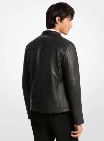 Michael Kors Mens Leather Double-Zip Racer Jacket