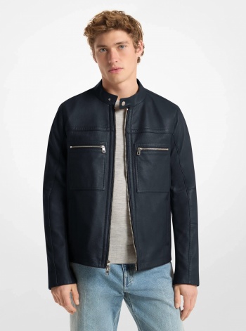 Michael Kors Mens Leather Double-Zip Racer Jacket