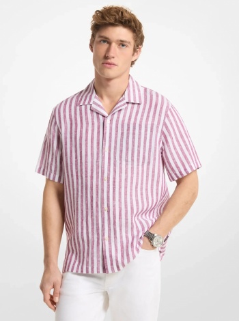 Michael Kors Mens Striped Linen Camp Shirt
