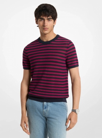 Michael Kors Mens Striped Mesh Cotton Short-Sleeve Sweater