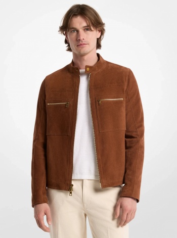 Michael Kors Mens Suede Double-Zip Racer Jacket
