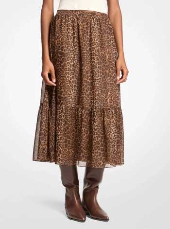 Leopard Print Tiered Midi Skirt